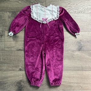 Vintage Precious Originals Fuchsia Velour Lace 24m Baby Coverall Romper